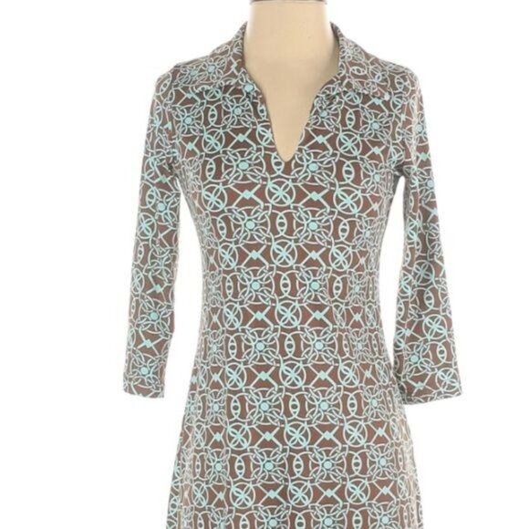 Barbara Gerwit XS Brown Turquoise Geometric 3/4 Sleeve Collared Stretch Dress - Picture 2 of 7